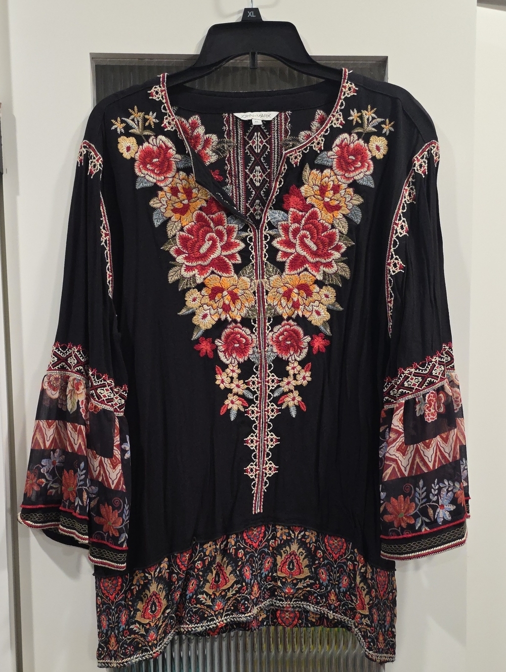 John Mark Embroidered Peasant Top in Black with Red Floral Accents